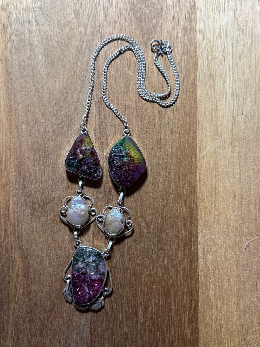 Rainbow Quartz STONE Baroque Pearls stamped sterling silver 925 necklace